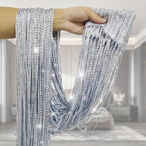 1pc, Door Curtain 1*2m Silver Gray Flashing Thread Curtain Tassel Door Curtain Home Decoration Living Room Partition Curtain Silver Thread Curtain Wedding Decoration, Home Decor, Room Decor