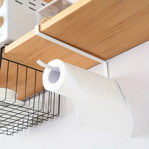 1pc Hanging Paper Towel Holder, Cabinet Cupboard Under Shelf Storage Paper Towel Roll Holder Dispenser, Free Punching Wrought Iron Napkins Storage Rack, Home Kitchen Supplies