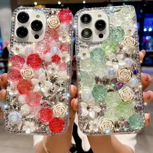 Pearl Flower Luxury Phone Case For IPhone 14/Plus/Pro/Pro Max Handmade Floral Rose Pearl Design Aesthetic Women Cute Girly Glitter Pretty Crystal Sparkly Star Phone Cases Protective Cover