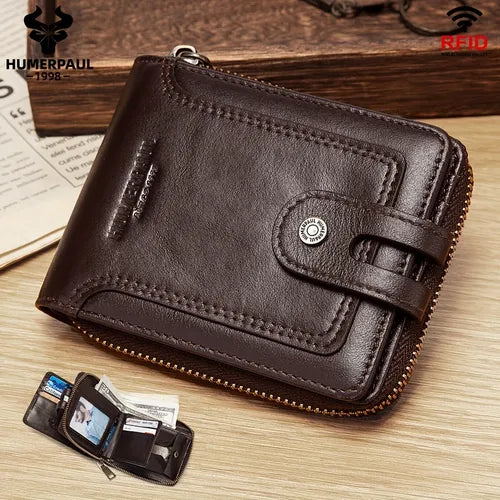 Classic Style Wallets For Men Short Genuine Leather Male Coin Ocket Multi Function RFID Credit Card Holder With ID Window