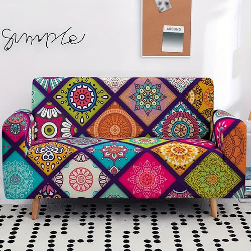 1pc Bohemian Colourful Stretch Sofa Cover, Furniture Protector With Elastic Band For Living Room Office Bedroom Home Decor