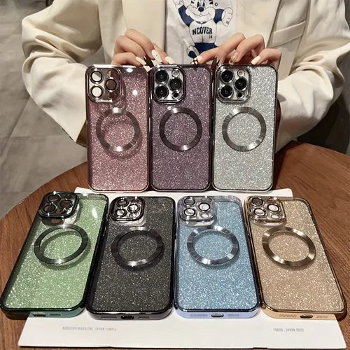 Luxury Bling Case For IPhone 14 13 12 11 Pro Max Magsafe Magnet Glitter Plating Soft TPU Cover  Camera Protector