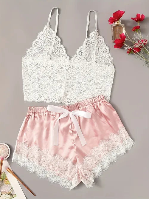 Sexy Floral Lace Lingerie Set, See Through Bralette & Bow Shorts, Women's Sexy Lingerie & Underwear