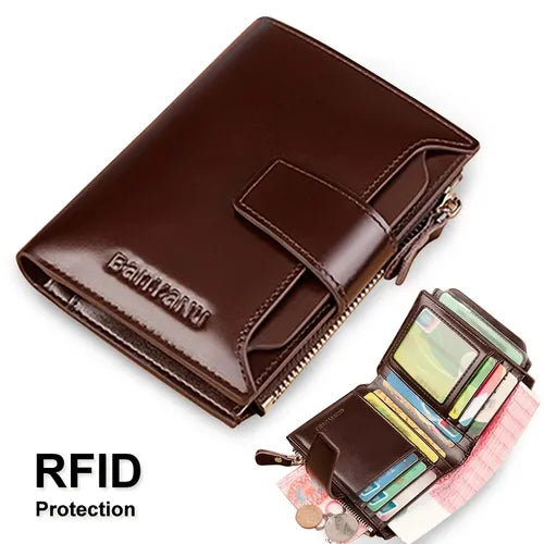 Vintage Men's Genuine Leather RFID Anti-theft Brush Bifold Multifunctional Wallet