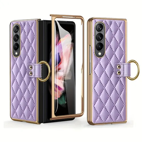 Full Cover Ring Holder Leather Phone Cover With Screen Protector For Samsung Galaxy Z Fold 4 /3 / Fold 3/4