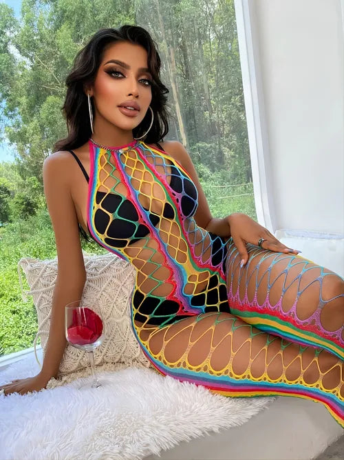 Sexy Rainbow Fishnet Cover Up Dress Stretchy Swimsuit For Women Fishnet Bodysuit Sheer Mesh Bodycon Lingerie Sleepwear