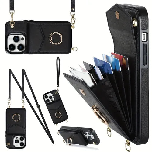 Luxury Leather Phone Case For IPhone 14 Promax 13 Promax Fashion With Holder Long Lanyard Ring Crossbody Bag Wallet Card Bag Protect Cover