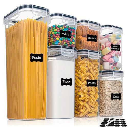 7 Pcs Airtight Food Storage Containers For Kitchen Organization, BPA Free Plastic Food Canisters With Lids, Labels, Marker For Pantry Organization And Storage, Cereal, Flour, Pasta, Snack And Sugar Containers, Dishwasher Safe, Kitchen Accessories