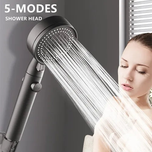 Multi-functional High Pressure Shower Head With 5 Modes, Spray Handheld Showerhead With Hose And Bracket For Dry Hair And Skin, Black, Silvery