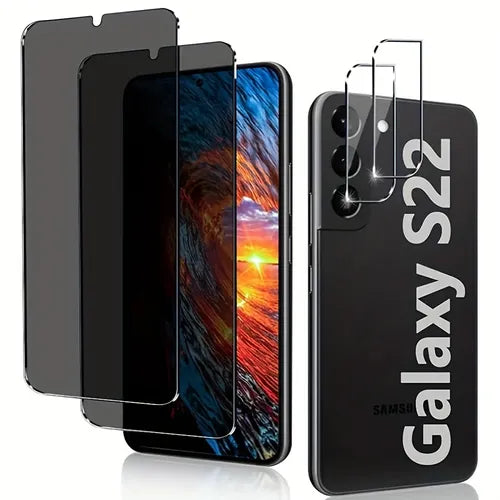 [2+2 Pack] Privacy Glass Screen Protector And Camera Protector, HD Anti-Spy Tempered Glass Scratch Resistant, Fingerprint Unlock, Bubble-Free For Samsung Galaxy S22 Privacy Screen Saver (15.49 Cm)