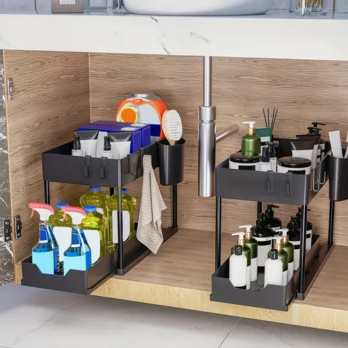 1set Under Sink Organizer, 2-Tier Sliding Cabinet Basket Organizer Drawers, Under Sink Organizers And Storage Bathroom Kitchen Cabinet Organizer With Hooks Cup The Bottom Drawers Can Be Slid Out, Kitchen Accessories