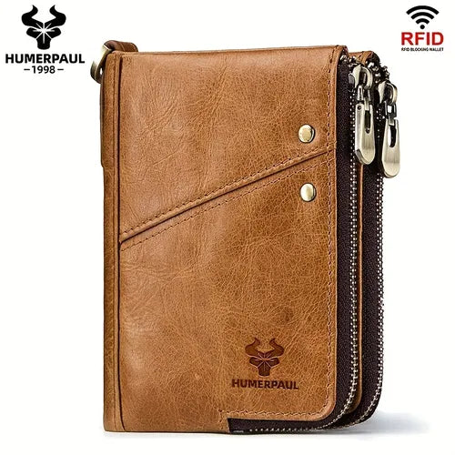 RFID Card Holder Walet For Men Genuine Leather Small Money Bag Luxury Double Zipper Coin Pocket Quality Male Clutch Carteira