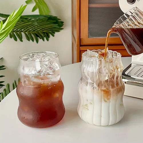 1pc, Irregular Shaped Drinking Glass, Wavy Clear Glass Water Cup, Iced Coffee Cups, Cute Drinking Cups, Summer Winter Drinkware, Home Kitchen Items