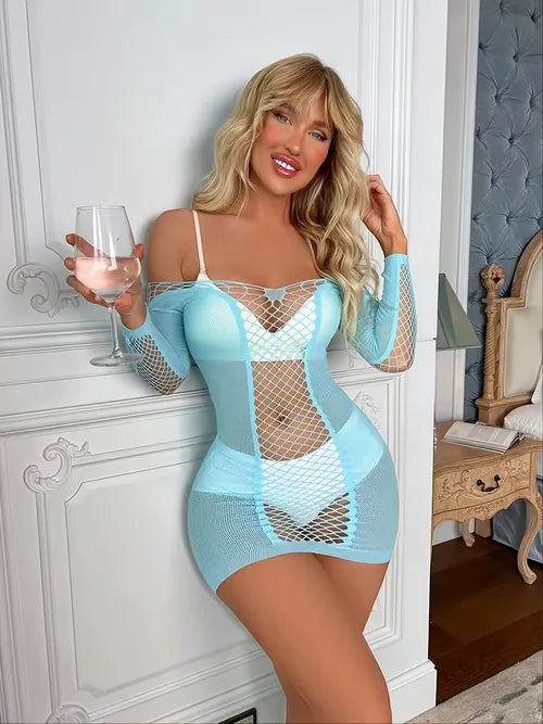 Mesh Fishnet Sexy Lingerie Dress , Hollow Out See Through Off The Shoulder Bodycon Mini Dress, Women's Sexy Lingerie