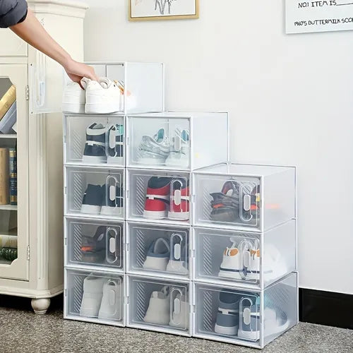 6/12pcs Transparent Shoe Boxes, Stackable Clear Plastic Shoes Storage Box, Free Combination Simple Shoes Cabinet, Dustproof Shoes Organizer