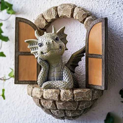 1pc, Garden Dragon Sculpture, Outdoor Window Dragon Statue, Dragon Garden Statue, Resin Garden Dragon Statue, Outdoor Ornament, Outdoor Garden Decor