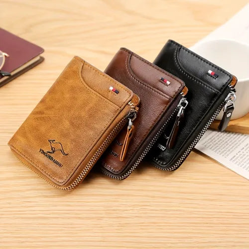 Blocking Leather Zipper Wallet Credit Card Wallet For Men/Women, Short Vintage Wallet With Multiple Card Slots And ID Holder