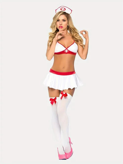 Sexy Nurse Lingerie Costume, Uniform Temptation Red & White Bra And Mini Skirt, Women's Sexy Lingerie & Underwear