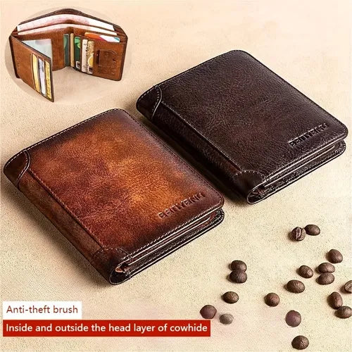 Men's Wallet RFID Anti-theft Brush Ultra-thin Top Layer Cowhide Short Genuine Leather Wallet, Gift For Father