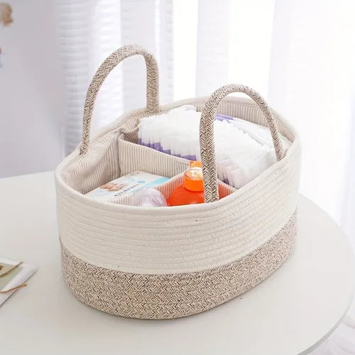 1pc Beige Woven Portable Storage Basket, Baby Diaper Caddy Organizer For Boy & Girl, Diaper Organizer For Changing Table, Perfect Basket For All Essentials