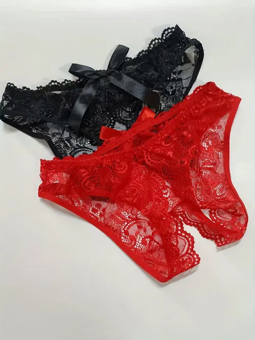 2pcs Floral Lace Panties, Bow Decor Open Crotch Stretch Panties, Women's Lingerie & Underwear