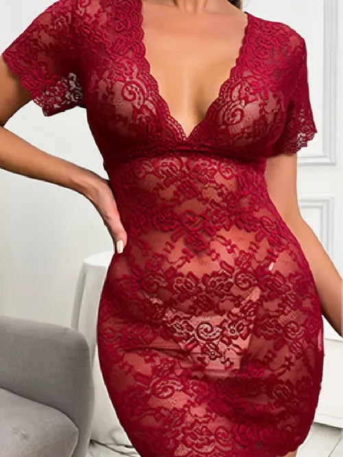 Sexy Floral Lace Hollow Out Babydoll, See Through Plunging Short Sleeve Bodycon Mini Dress, Women's Lingerie & Underwear