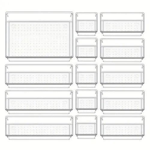 7/14pcs Desk Drawer Organizers Trays Set Clear Plastic Makeup Storage Bins Bathroom Drawer Tray Dividers Vanity Trays Organizer For Bedroom Dresser Makeup Office