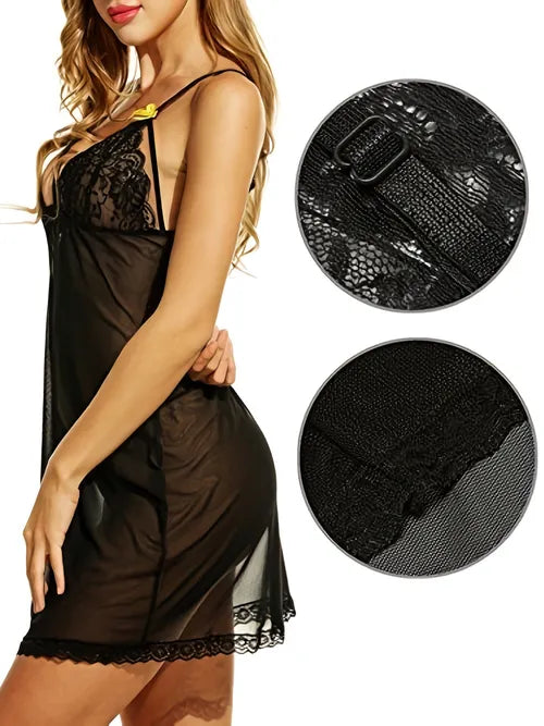 Sultry Lace Mesh Lingerie Set, Hollow Out Deep V Slip Dress & Sheer Thong, Women's Sexy Lingerie & Underwear