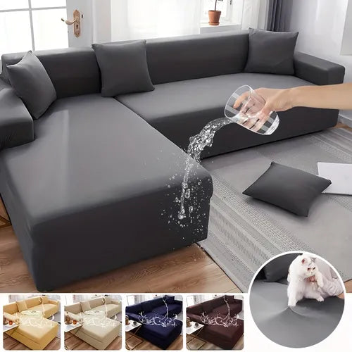 1pc, Waterproof Elastic Sofa Cover All-inclusive Plain Color L Shaped Corner Sofa Cover For Living Room 1/2/3/4 Seats Couch Protector