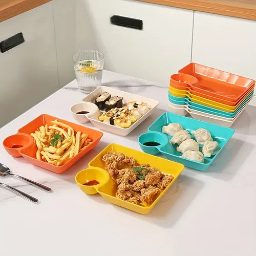 1/4pcs, Dinner Plate, Plastic Dumpling Plates With Sauce Compartment, Square Serving Plates With Sauce Holder, Serving Platter Tray, Snack Dish, Dessert Plate, French Fries Plate, Ketchup Holder For Party, Dinnerware