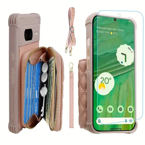 Zipper Wallet Case For Google Pixel 7, Pixel 7 Pro [Glass Screen Protector ][RFID Blocking] Flip Leather Phone Cover With Card Holder & Detachable Crossbody Shoulder Lanyard Strap