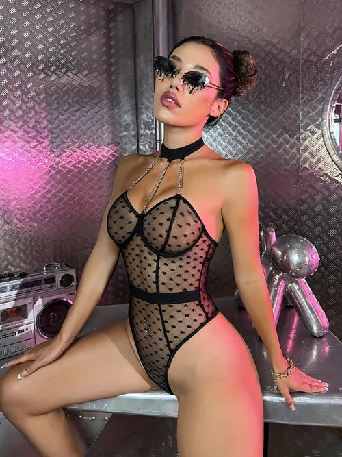 Sexy Heart Print Lace Mesh Teddy, See Through Cut Out Chain Linked Halter Bodysuit, Women's Sexy Lingerie & Underwear