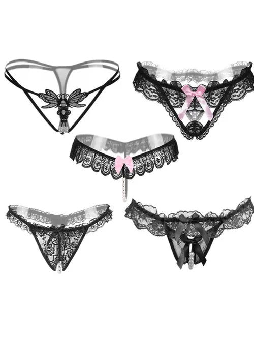 [5 Pack] Sexy Lace Thongs & G-Strings, Sheer & Skimpy Black Lace Trim Panties For Sex, Women's Lingerie & Underwear