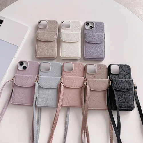 Lychee Pattern Card Holder Phone Case With Lanyard For Iphone 12 Pro Max