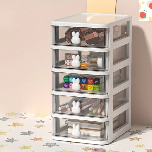 1pc Cartoon Desktop Storage Box, Transparent Small Drawer Desk, Plastic Mini Organizer Box, Rabbit Decorative Handle Stationery Pen Holder