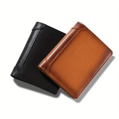 Men's Retro Genuine Leather Short Wallet, Men's Vintage Top Layer Cowhide Wallet With Card Slots