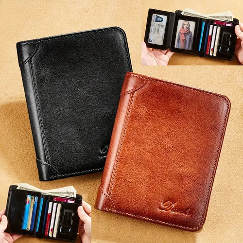 Genuine Leather RFID Blocking Wallets For Men Vintage Thin Short Multifunctional ID Credit Card Holder Money Bag Gifts For Men