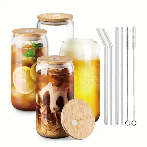 2pcs /4pcs Set - 16oz Can Shaped Glass Cups,Drinking Glasses With Glass Straw  Beer Glasses, Iced Coffee Glasses, Cute Tumbler Cup, Ideal For Whiskey, Soda, Tea, Water, Gift - Cleaning Brushes