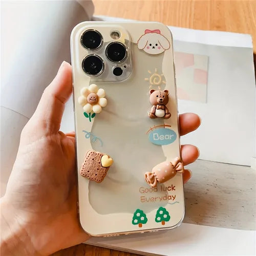 Stereoscopic Patterns Teddy Bear And Sunflower For Iphone 14 Pro Max