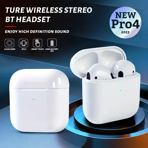 2023 新款 PRO4 TWS BT 耳机带充电盒适用于 Apple AirPods、高清音乐耳机、运动入耳式立体声无线耳机、持久电池、带礼品充电器线