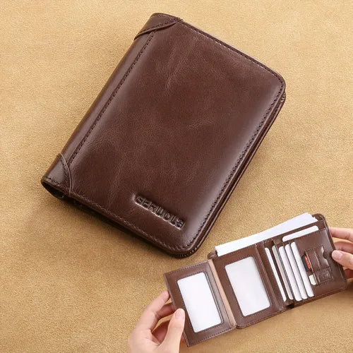 Men's Vintage First Layer Cowhide Short Wallet With Card Slots SIM Card Slot