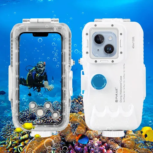 PULUZ 40m/130ft Waterproof Diving Case For iPhone 14 / 14 Pro / 13 / 13 Pro / 12 / 12 Pro/14 Plus / 14 Pro Max / 13 Pro Max / 12 Pro Max / 11 Pro Max, With One-way Valve Photo Video Taking Underwater Housing Cover(White)