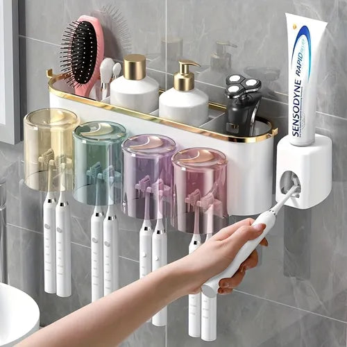 1set Multifunctional Toothbrush Rack And Mug, Punch Free Toothpaste Toothbrush Holder And Mouthwash Mug Container Seat, Wall Mounted Toothwash Shelf Storage, With Toothpaste Squeezer Options, Bathroom Accessories