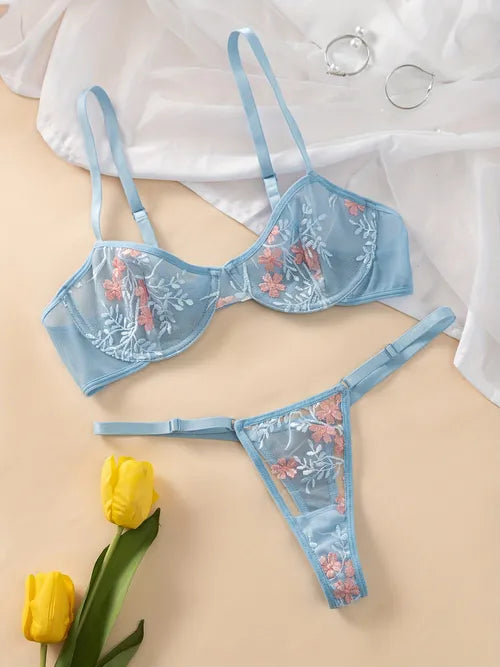 Floral Embroidery Lingerie Set, Sheer Lace Mesh Bra & Semi-sheer Thong, Women's Sexy Lingerie & Underwear