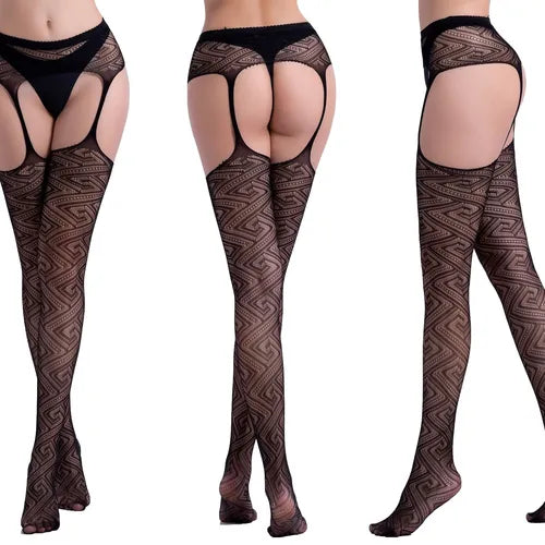 Women's Lace Suspender Stockings Thigh-High Jacquard Pantyhose Stockings Hollow Fishnet Tights