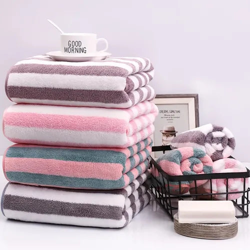 1pc Bath Towels Quick Dry Soft For Bathroom, Thick Striped Beach Towel, Absorbent Thickened