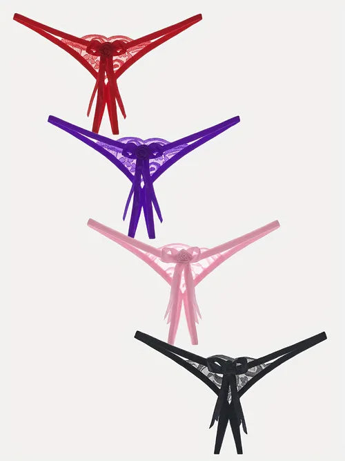 4pcs Flower Decor Thongs, Hollow Out Sheer Open Crotch G-String Panties, Women's Lingerie & Underwear