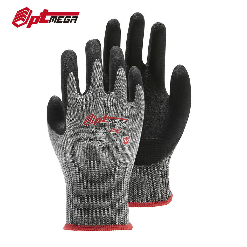 Optmega 65317 Cut Resistant Gloves CE Level 5 Cut C Work Gloves Sandy Nitrile Coated Superior Grip Safety Gloves for Sheet Metal Handling, Glass Cutting, Wood Working
