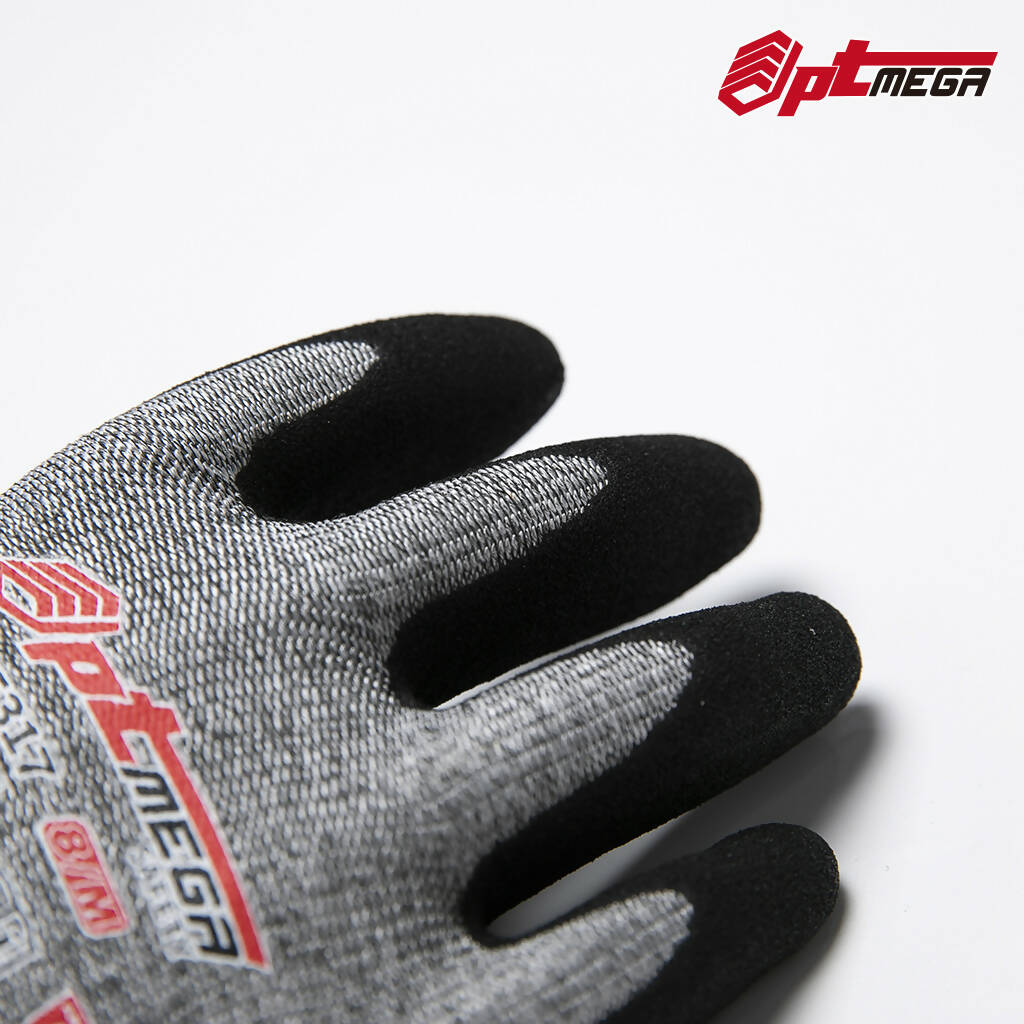 Optmega 65317 Cut Resistant Gloves CE Level 5 Cut C Work Gloves Sandy Nitrile Coated Superior Grip Safety Gloves for Sheet Metal Handling, Glass Cutting, Wood Working