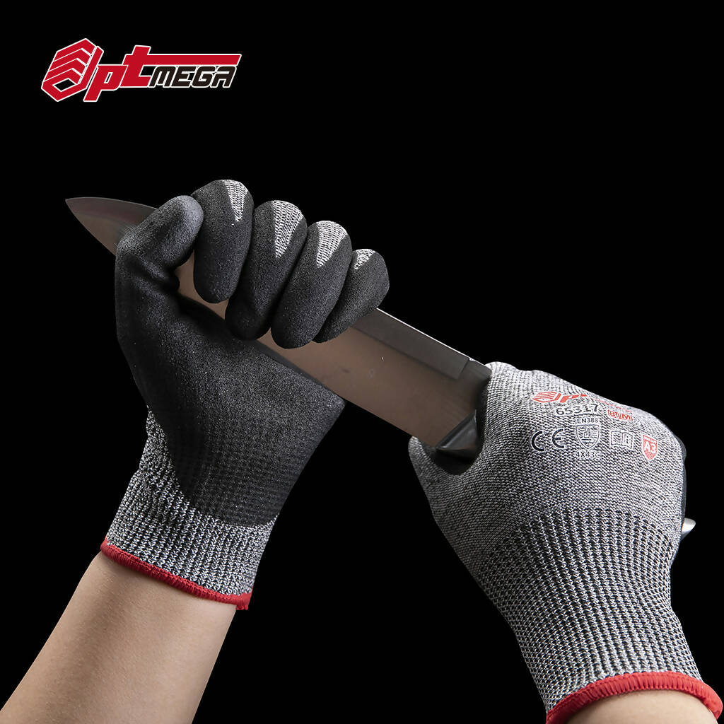 Optmega 65317 防割手套 CE 5 级 Cut C 工作手套 沙质丁腈涂层卓越抓力安全手套，适用于金属板处理、玻璃切割、木材加工